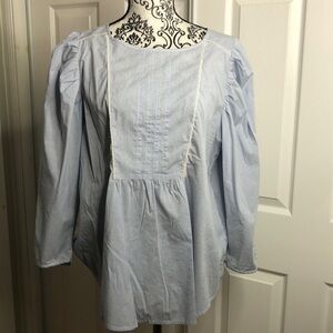 Hinge Shirt Ruffle Front Back Top 3/4 Sleeve Lightweight Top Blue White StripeXL